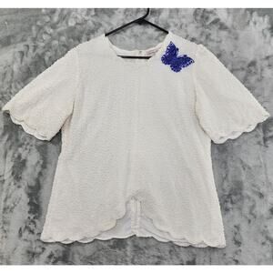 Vintage 80s Creative Touch Top Womens L White Blue Beaded Butterfly Scalloped